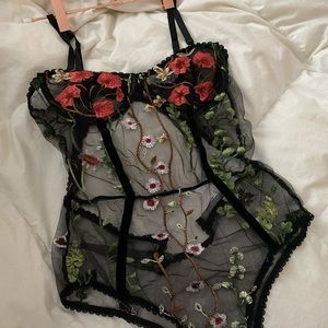 UNBRANDED Brand New Floral Mesh Black Flower Embroidered Bodysuit